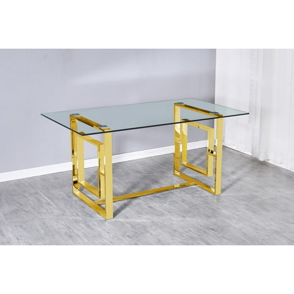 K-Living Livya Tempered Glass Dining Table Top with Gold Stainless Steel Base
