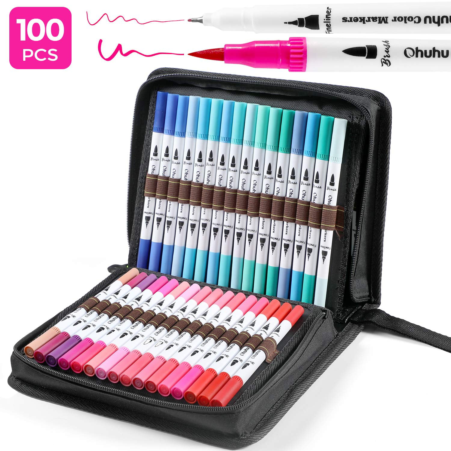 HOHUHU 100 colours Dual Tip Art Pens Fineliner Brush Markers for Kid Adult Books 