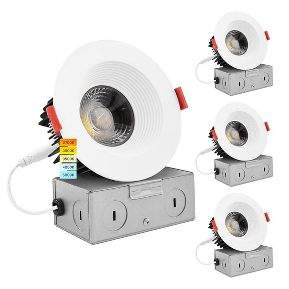 Luxrite 4 inch LED Recessed Lighti J-Box 15W 5 Color Selectable Dimmable Wet Rated IC Rated Baffle Trim 4-Pack