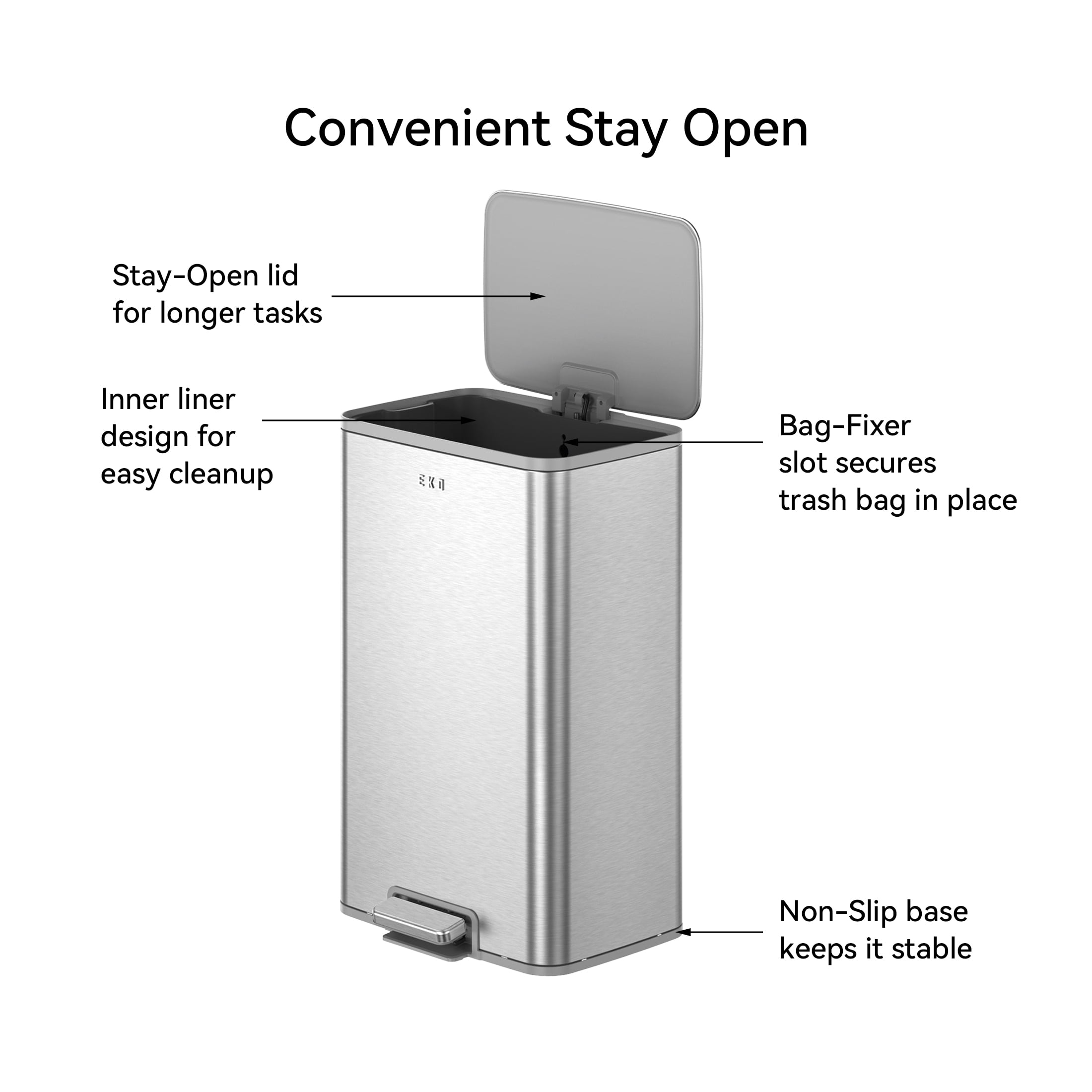 EKO Marina Kitchen Trash Can, 13.2 Gallon Stainless Steel Step Garbage Bin with Soft Close Lid, Matte Silver with Sample Trash Bags Included