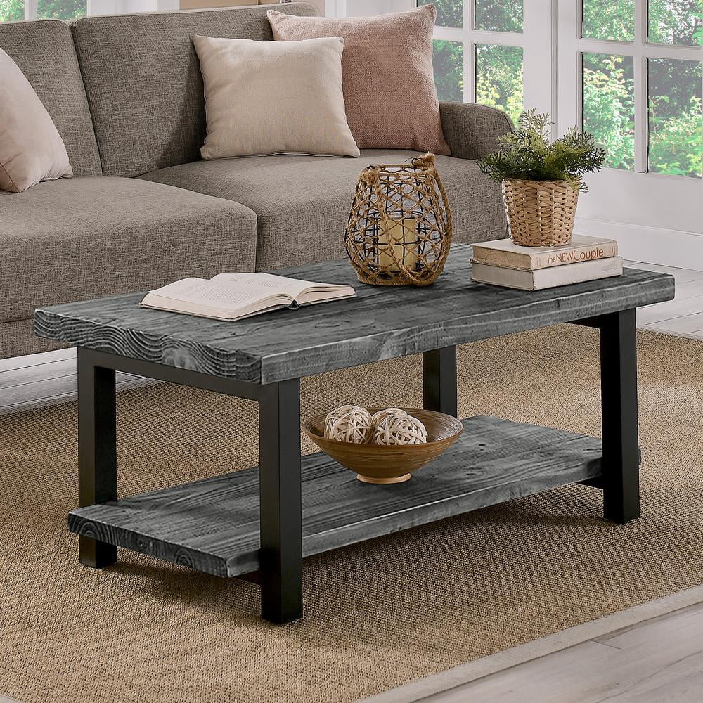 Alaterre Furniture Ponoma 42-inch Coffee Table, Solid Wood and Metal, Lower Shelf for Storage, Ideal for Living Room and Office Spaces, Slate Gray