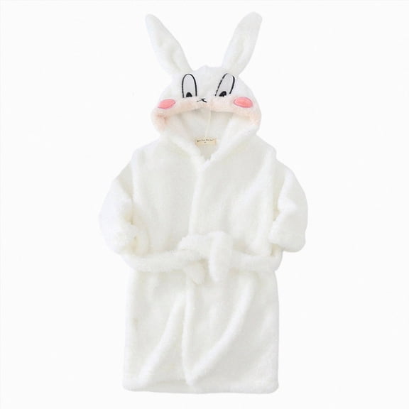 NOLDARES Girls Boys Fleece Hooded Robe Warm Sleepwear for Toddler Kids Soft Fuzzy Bathrobe Gifts,White,5-6 Y