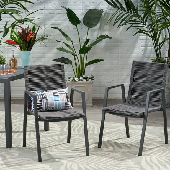 Modern Dark Gray Outdoor Dining Chairs With Long-lasting Rope Weave Seat And Aluminum Frame, Of 2 Chairs, Outdoor, 2, Build