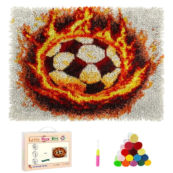 DIY Latch Hook Rug Kits Soccer Ball on Fire Stamped Non-slip Mat Crochet Yarn Hook and Latch Emboridery Tapestry for Home Floor Decor and Pet Warm Cushion 52x38cm(3)