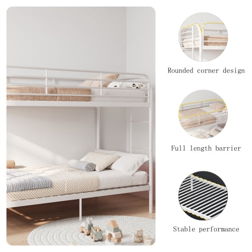 Twin Over Twin Metal Bunk Bed with Ladder and High Guardrail, Noise-Free, Underbed Storage, White