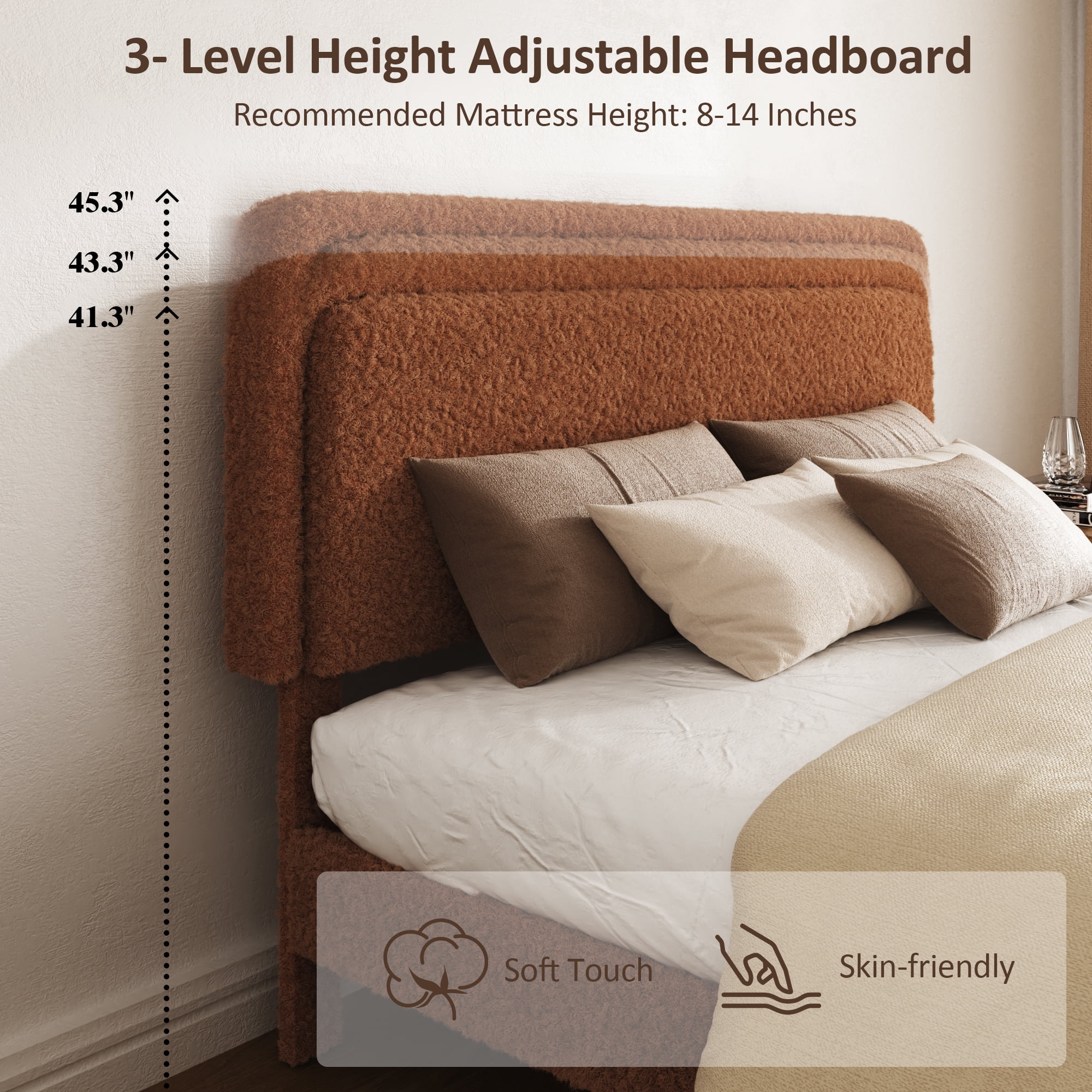 Leumius Queen Bed Frame,Upholstered Platform Bed Frame with Height-Adjustable Headboard,Sturdy Frame,Quiet Design,Easy to Assemble,Brown