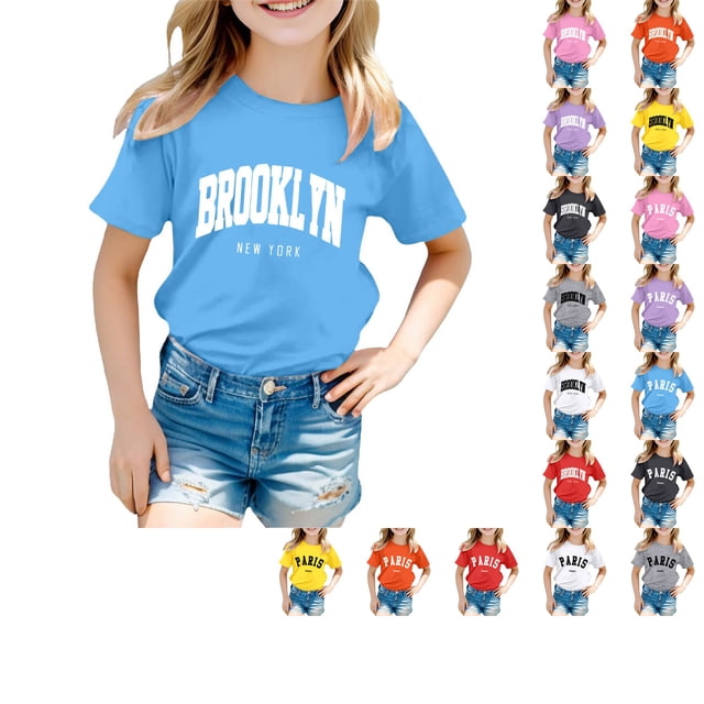 SUXIAN T-Shirts pour Enfants Mode Décontractée Imprimé Col Rond Ample Manches Courtes T-Shirt Haut Col Rond T-Shirt pour Enfants Bleu_003 4-5 Ans