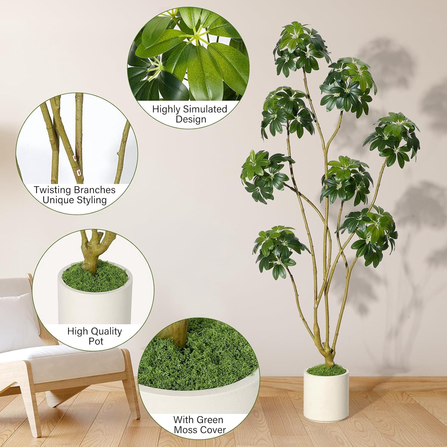 6ft Tall Artificial Umbrella Tree, Fake Indoor Plant with Multiple Trunks, Faux Schefflera Tree in Decorative White Planter, Real Touch Leaves