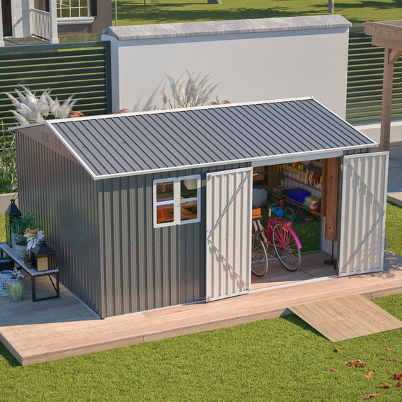 LZBEITEM 12'x10' Outdoor Storage Shed with Floor Frame & Window, Metal Garden Shed Kit, Backyard Shed, Lockable Doors for Backyard Patio Lawn, Gray