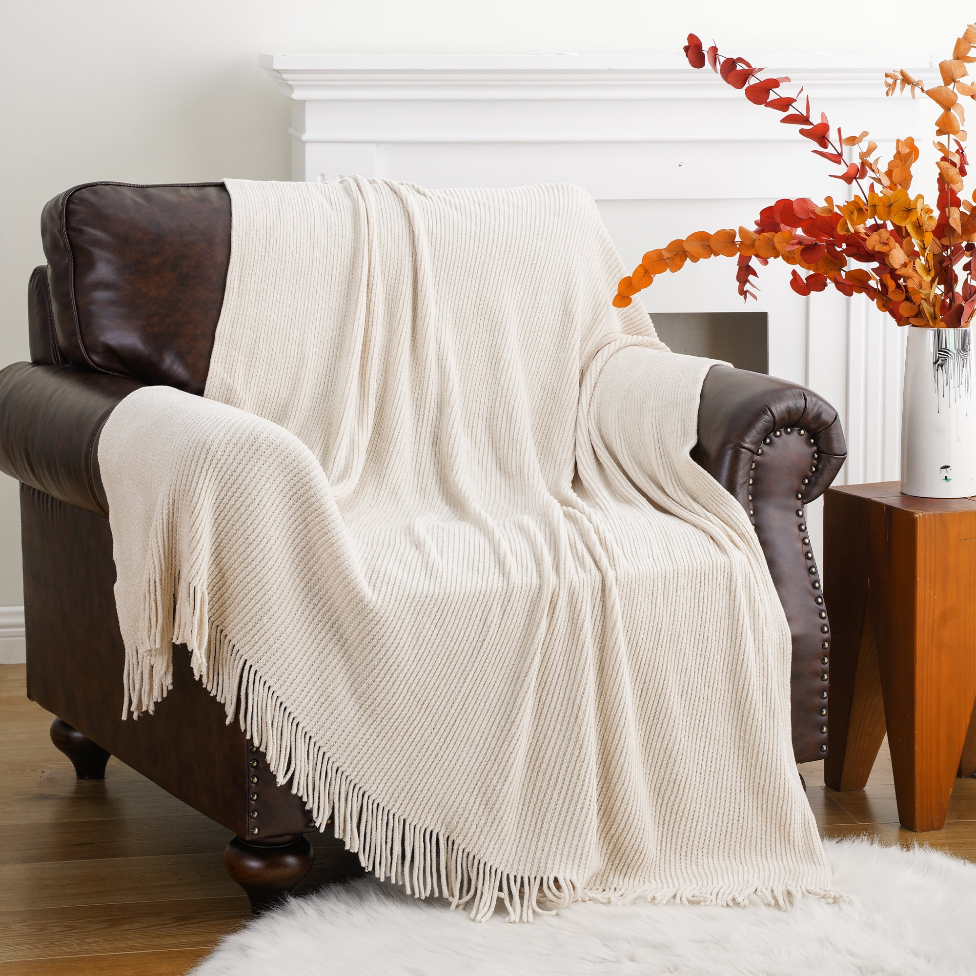 Battilo Beige Throw Blanket for Couch, Large Chenille Knit Throws with Tassels for Home Decor, 60"x80"