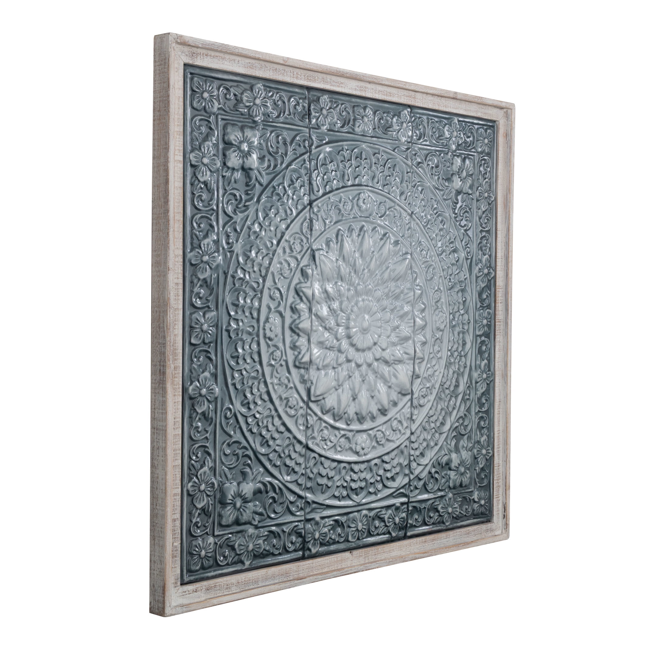 DecMode Metal Farmhouse Carved / Scrollwork Detailed Floral Wall Decor 33"W x 34"H, Washed Blue / Turqoise Finish with White Wooden Frame