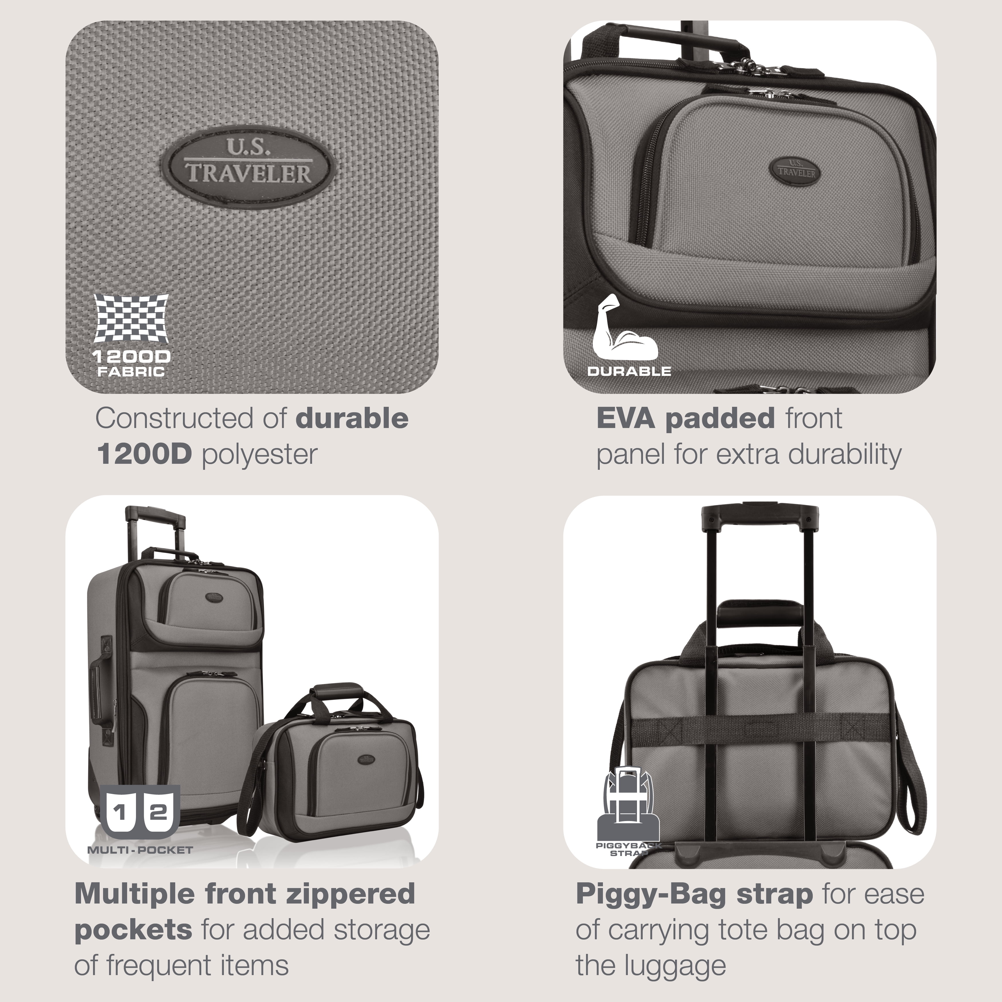 U.S. Traveler Rio Rugged Fabric Expandable Rolling Carry-on Luggage Set w/ Tote, Gray, 2-Piece (21/10)