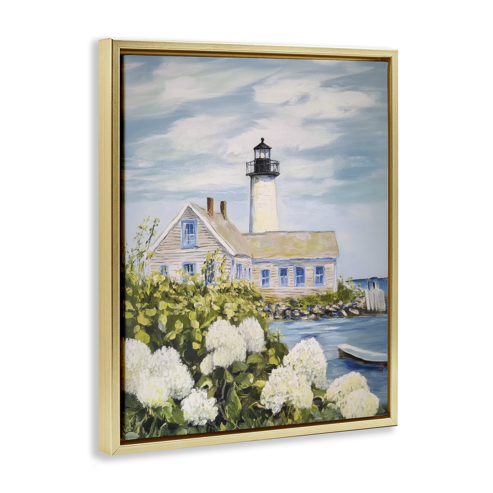 Stupell Industries Lighthouse Scenery with Hydrangeas Gold Framed Floater Canvas Wall Art, design by Sisi and Seb