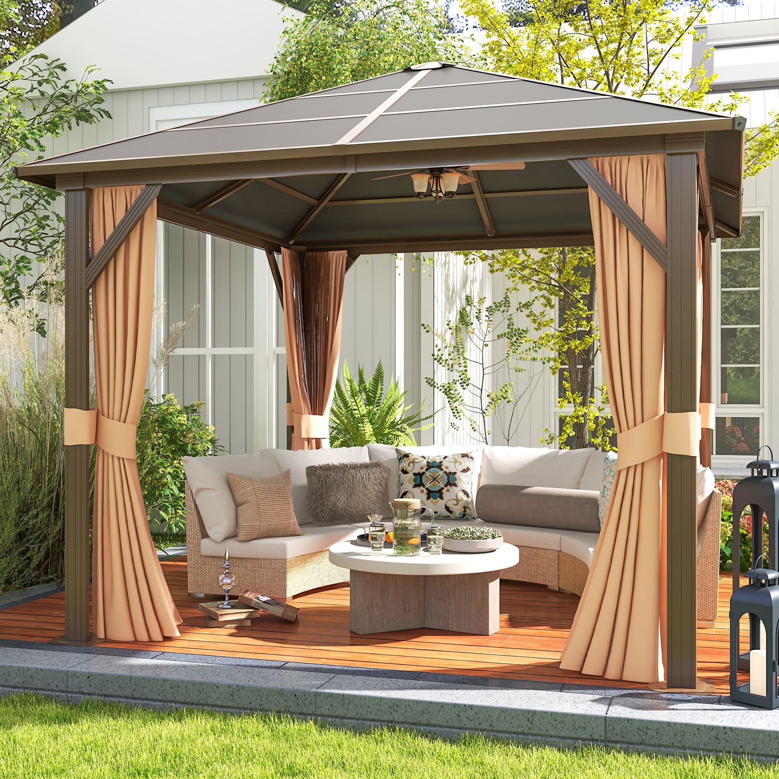 JolyDale 10 ft. x 10 ft. Patio Hardtop Gazebo, Outdoor Aluminum Frame Canopy with Netting and Curtain for Garden, Patio, Lawns, Brown