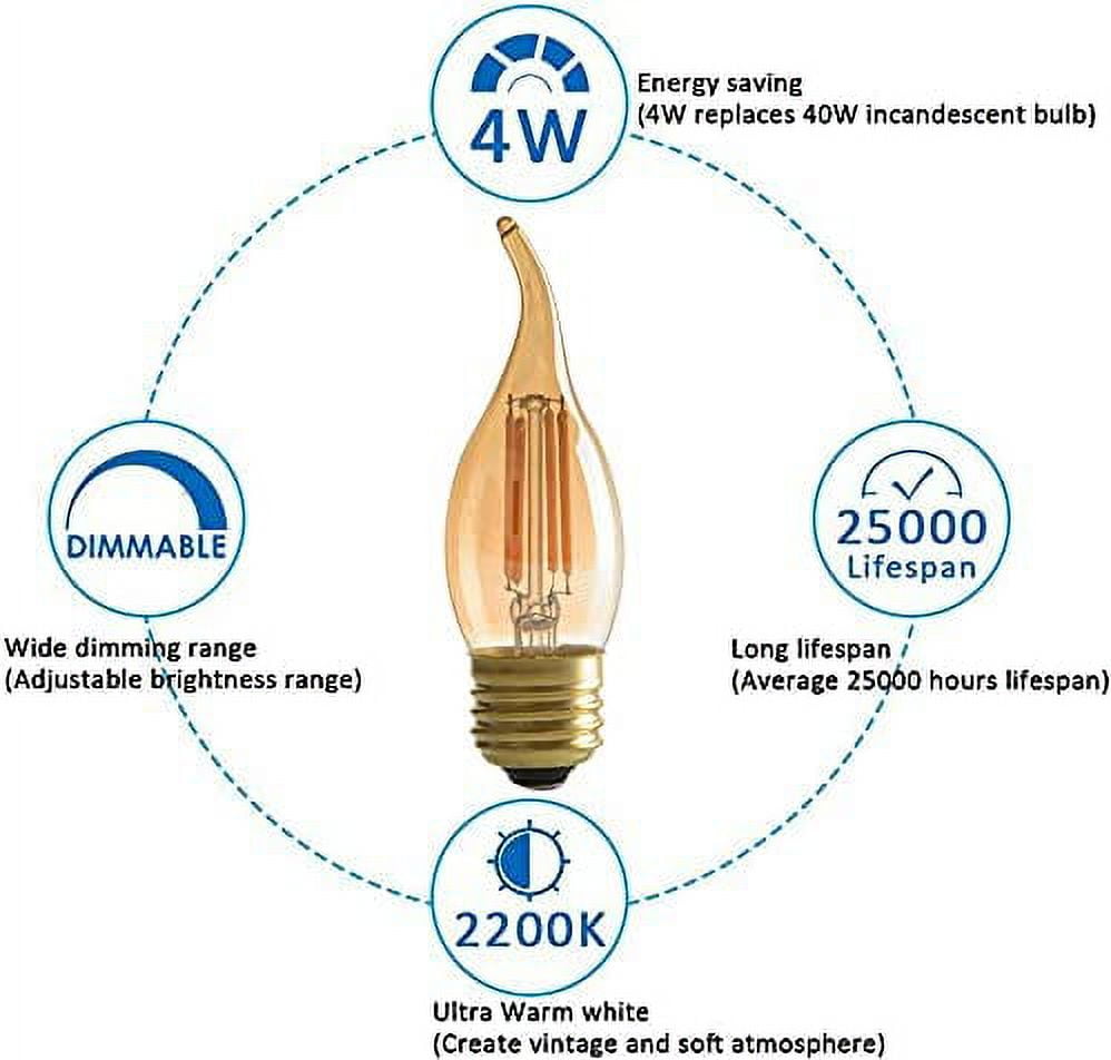 PANLAVIE Vintage LED Filament Bulb, 6-Pack Amber Chandelier Bulbs, 40 Watts Equal E26 Medium Base