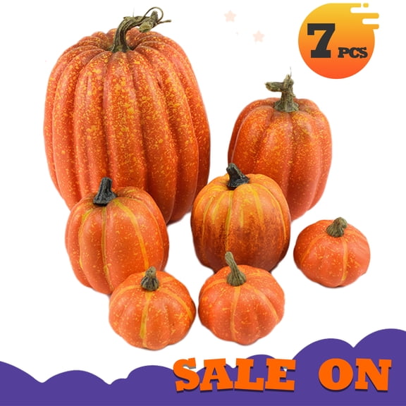 AYktou 7 Pcs Assorted Sizes Fall Artificial Pumpkins Rustic Harvest Plastic Pumpkins for Halloween Fall Thanksgiving Decorating Home Table Decor Harvest Embellishing and Displaying