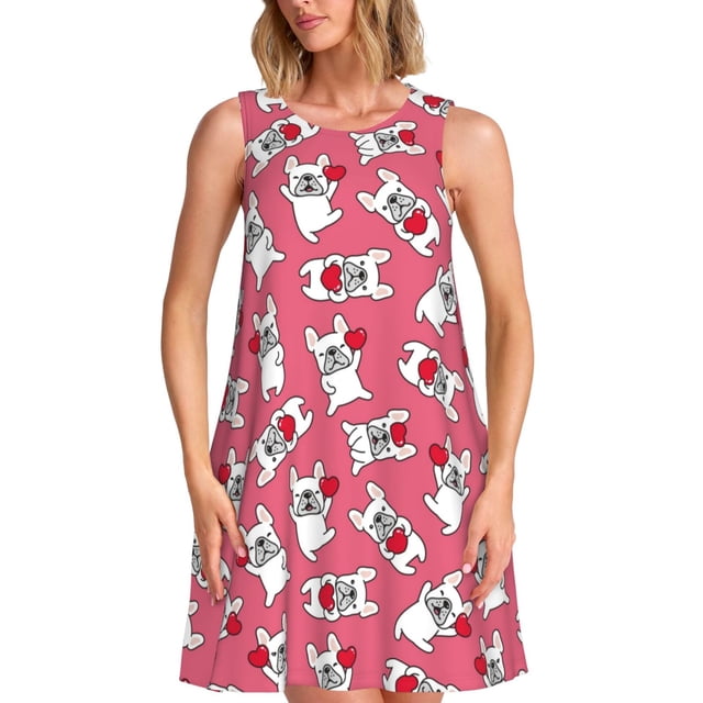 Disketp French Bulldog And Heart para Vestido sin Mangas para Mujeres, Vestidos de Verano para Mujeres, Casual y Holgado para la Playa