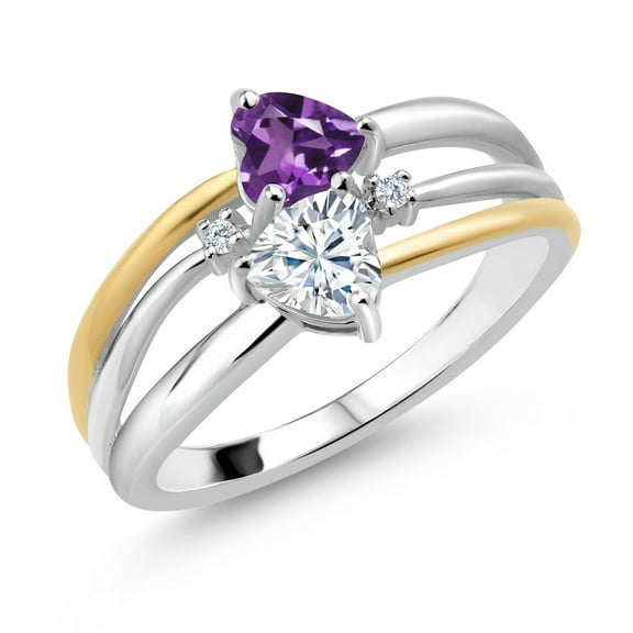 Gem Stone King 925 Silver and 10K Yellow Gold Purple Amethyst and White Moissanite and White Lab Grown Diamond Band Ring for Women (0.86 Cttw, Gemstone February Birthstone, Heart Shape 5MM, Size 7)