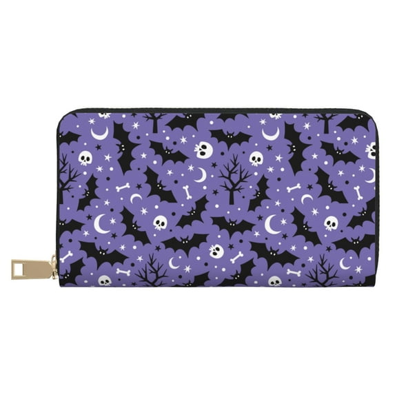 Leather Thin Slim Wallets for Women Men - halloween bat skull Clutch Card Wallet for Women Men with Zipper