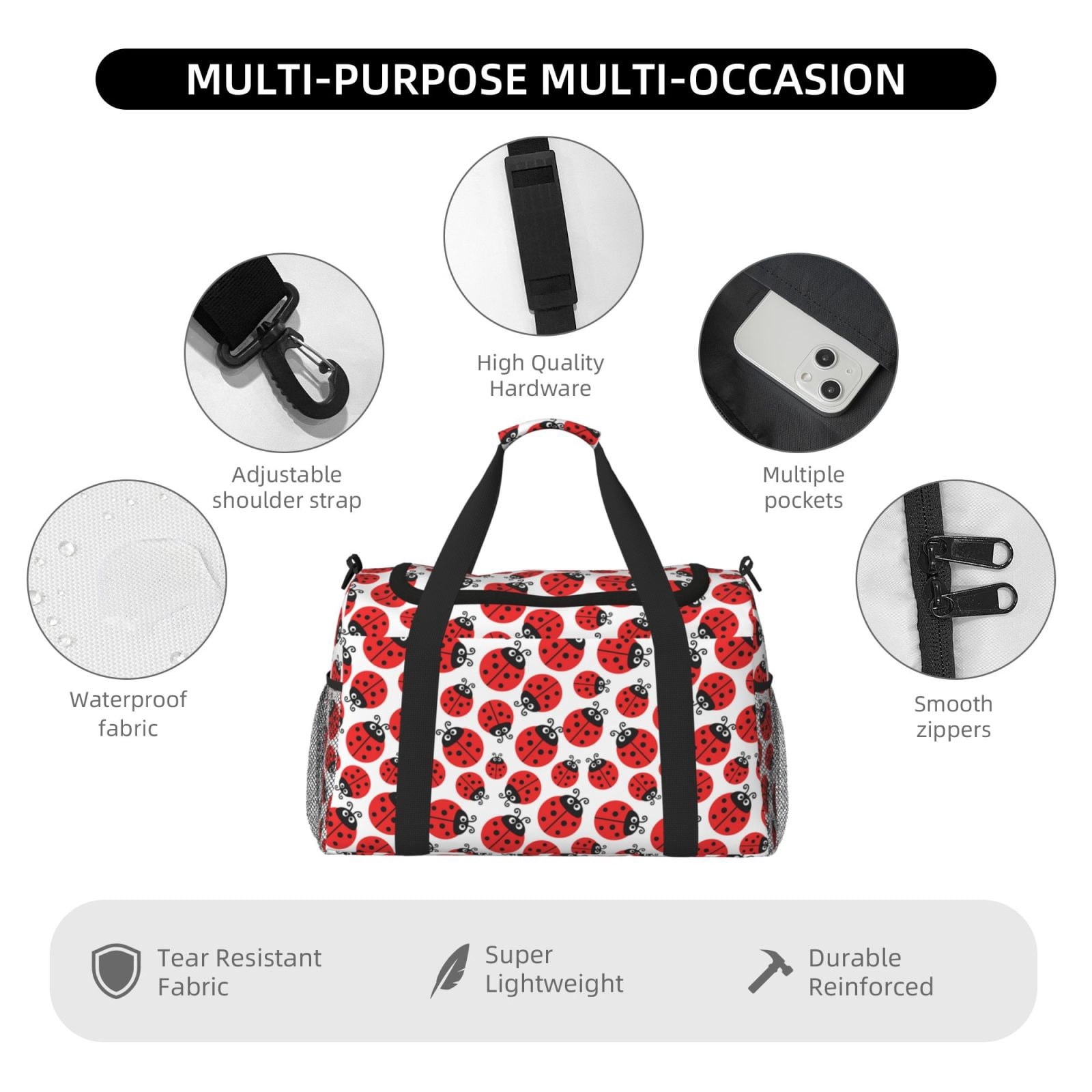 Fuzoiu Cartoon Ladybug Print Travel Duffle Bag,Carry On Tote Bags,Duffel Bag,Sport Gym Bag, Hospital Bag for Labor and Delivery, Overnight Bag,Luggage Bag