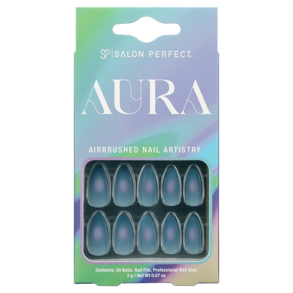 Salon Perfect Press On Nails, 195 Aura Fake Nail Kit, Blue Jelly, File & Nail Glue Included, 30 Nails
