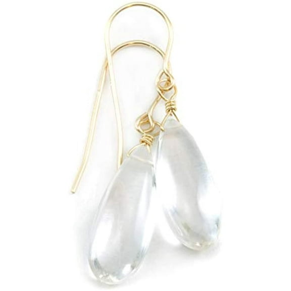 14k Gold Filled Crystal Clear Quartz Earrings Smooth Long Puffed Teardrop Simple Drops Designed for Adult Women
