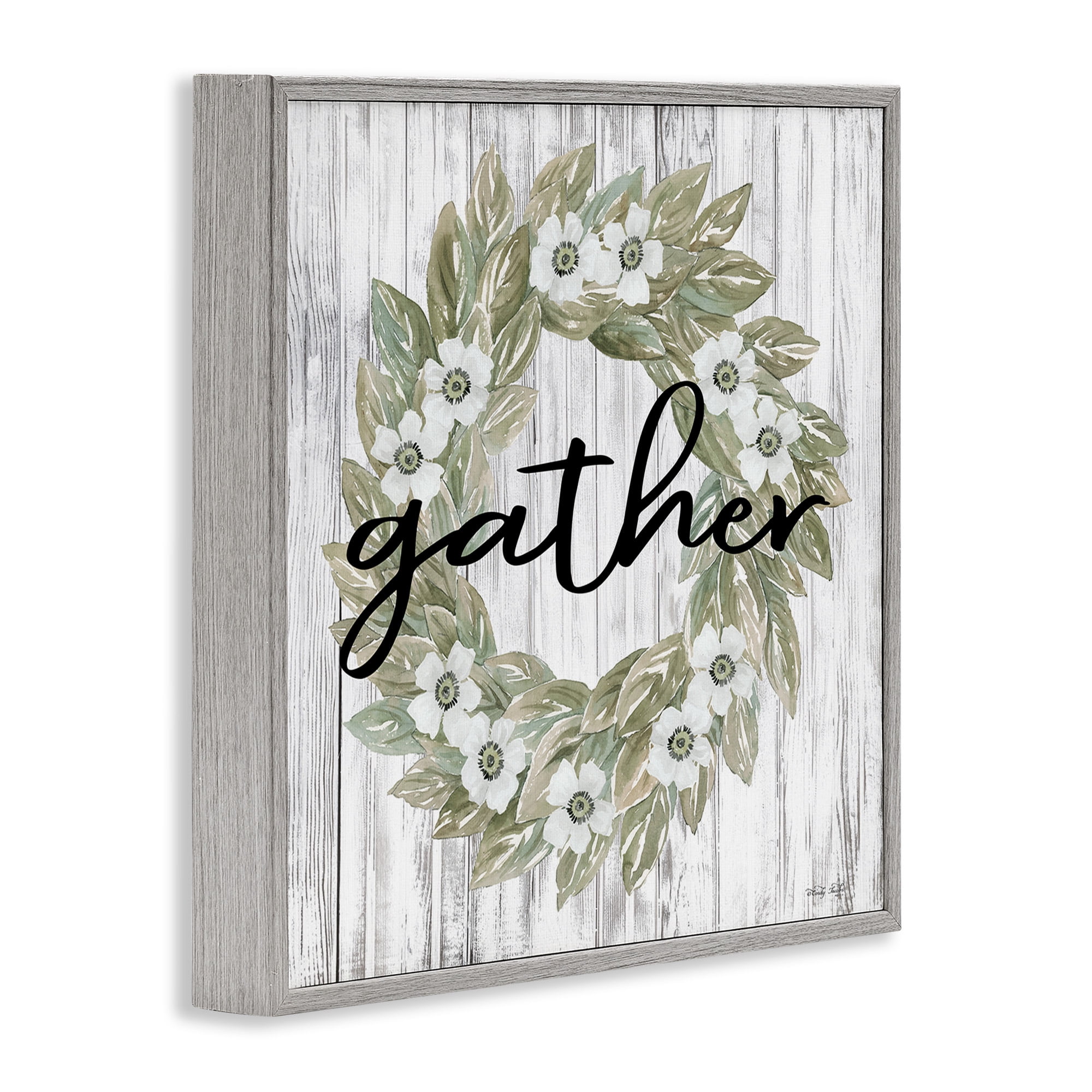 Stupell Industries Gather Greenery Wreath Typography Painting Gray Framed Art Print Wall Art, 24 x 24