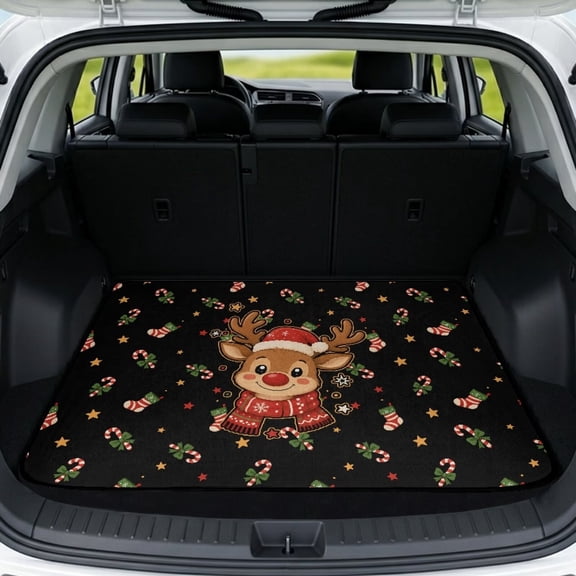 Yspwyqan Universal Car Trunk Mat 29" x 39", Cute Reindeer Grippy Weather-Adaptive Cargo Repair Mat, Easy-to-Clean Vehicle for Most Sedans SUVs Wagons for Holiday Trips