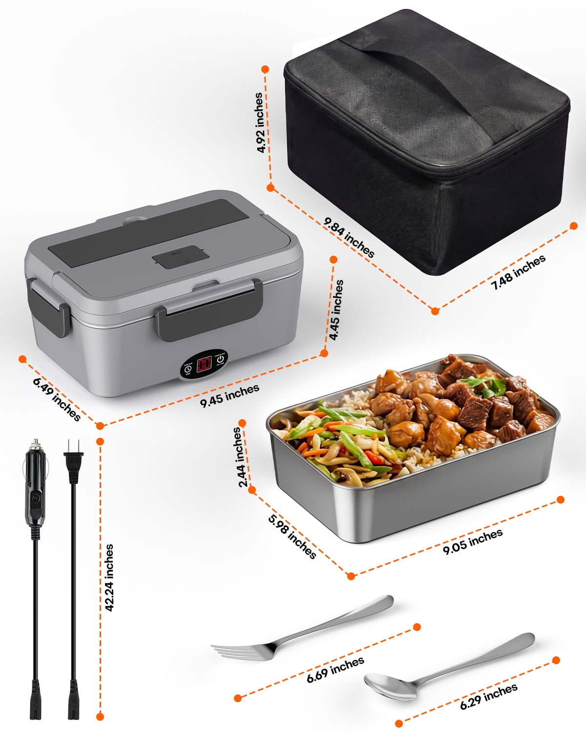 Sitlais 1.8L Electric Lunch Box with Timer, Portable Food Heater with Stainless Steel Container, Leakproof Heated Lunch Box for Work, Office & Travel
