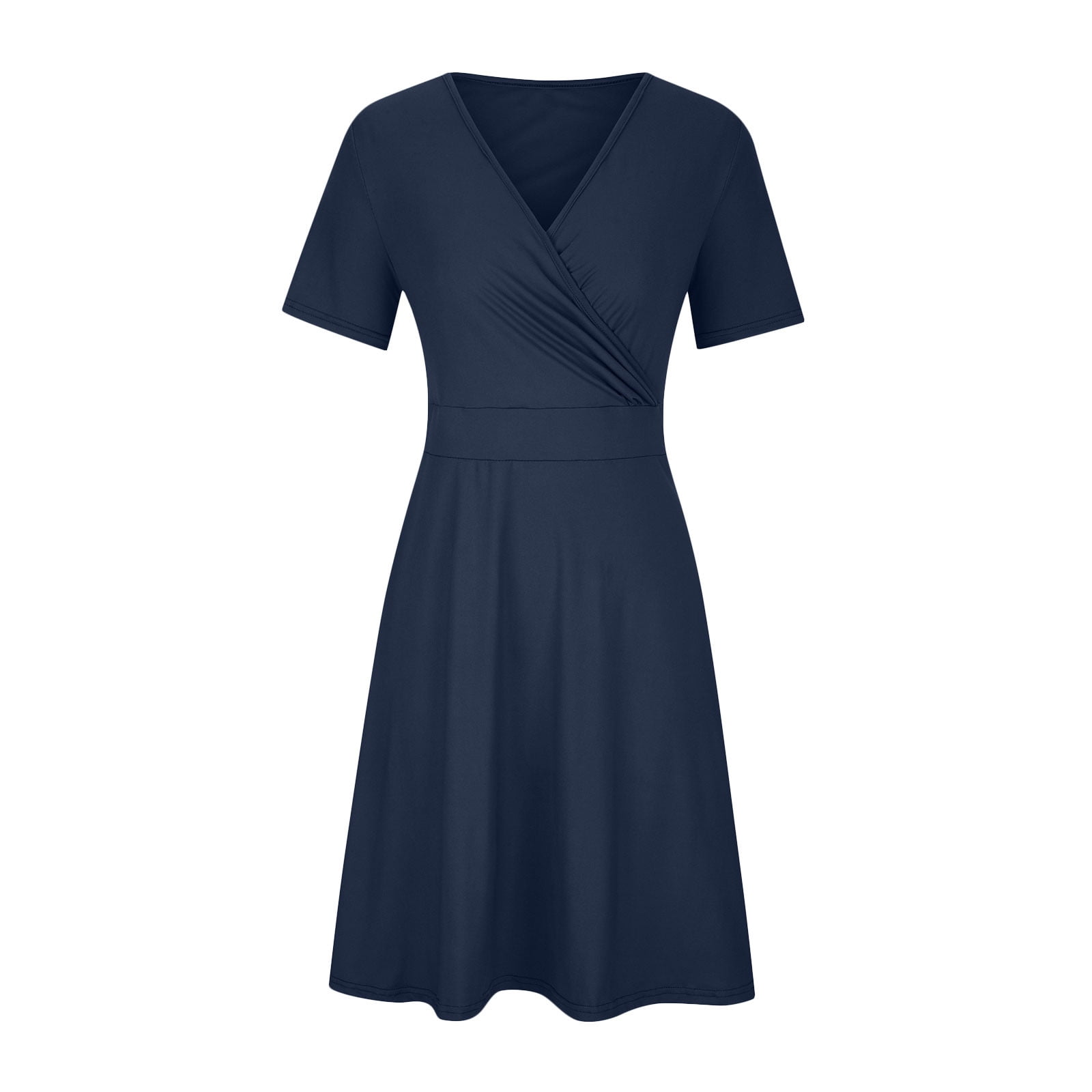 Hueook Plus Size Dresses Cocktail Dresses for Wedding Guest Womens Casual Plus Size V-Neck Solid Short Sleeve Boho Dress Dress with Pockets Dark Blue 4X