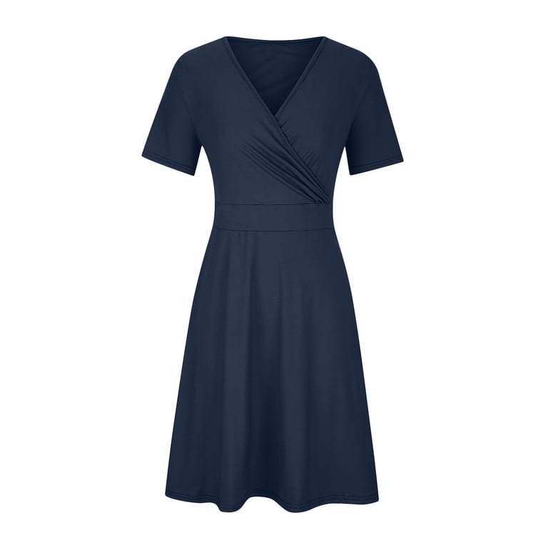 dark blue holiday dress Dresses for Women Solid Color Short Sleeve Comfy Plus Size V-Neck Fit And Flare Trendy Vacation Casual Dress Maxi Fashion Daily A-Line Blouse Pleated Dress with Pocket,L bts26