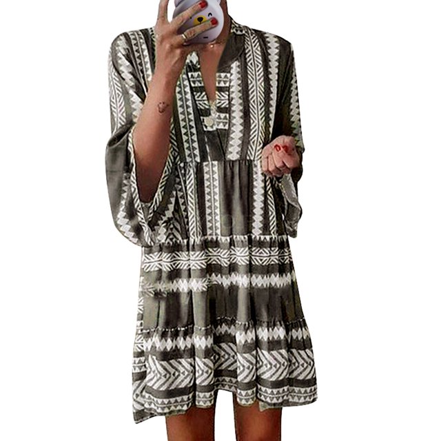 Innerwin Mini Robes Col en V Femmes Robe Courte Fête Longue Ample Été Plage Robe d'Été Verte G