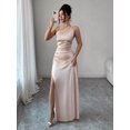 thumbnail image 5 of Womens Champagne Satin One Shoulder Ruched Waist Long Slit Evening Maxi, 5 of 7