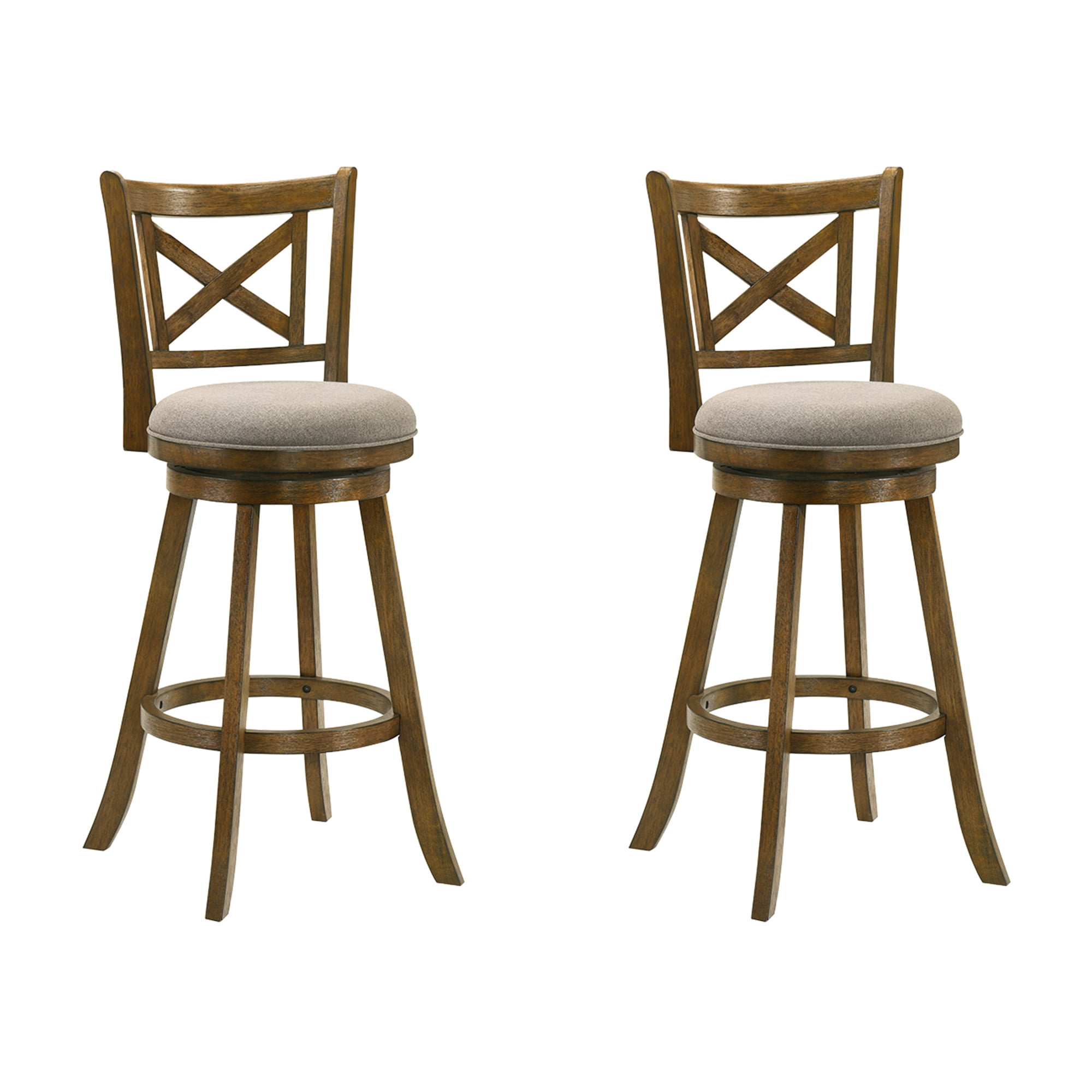 Kodi Modern Farmhouse Swivel Wood Bar Height Kitchen Bar Stool in Sepia Brown Finish with Grey Fabric Upholstered Seat - Set of 2