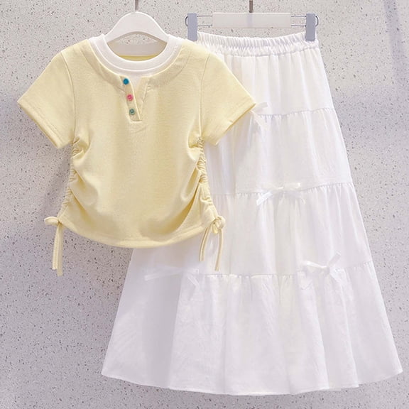 Girls'T-Shirt and Midi Skirt Set 2-Piece Outfit Summer Casual Dressy Skirt Set for Tweens Daily Wear