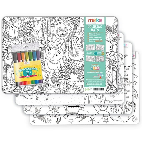 merka 4 Pack Kids Coloring Placemats with 7 Dry Erase Markers, Toddler Placemats for Dining Table Featuring Jungle, Space, Sea, Unicorns, Fun Activity for Boys and Girls Ages 3-14
