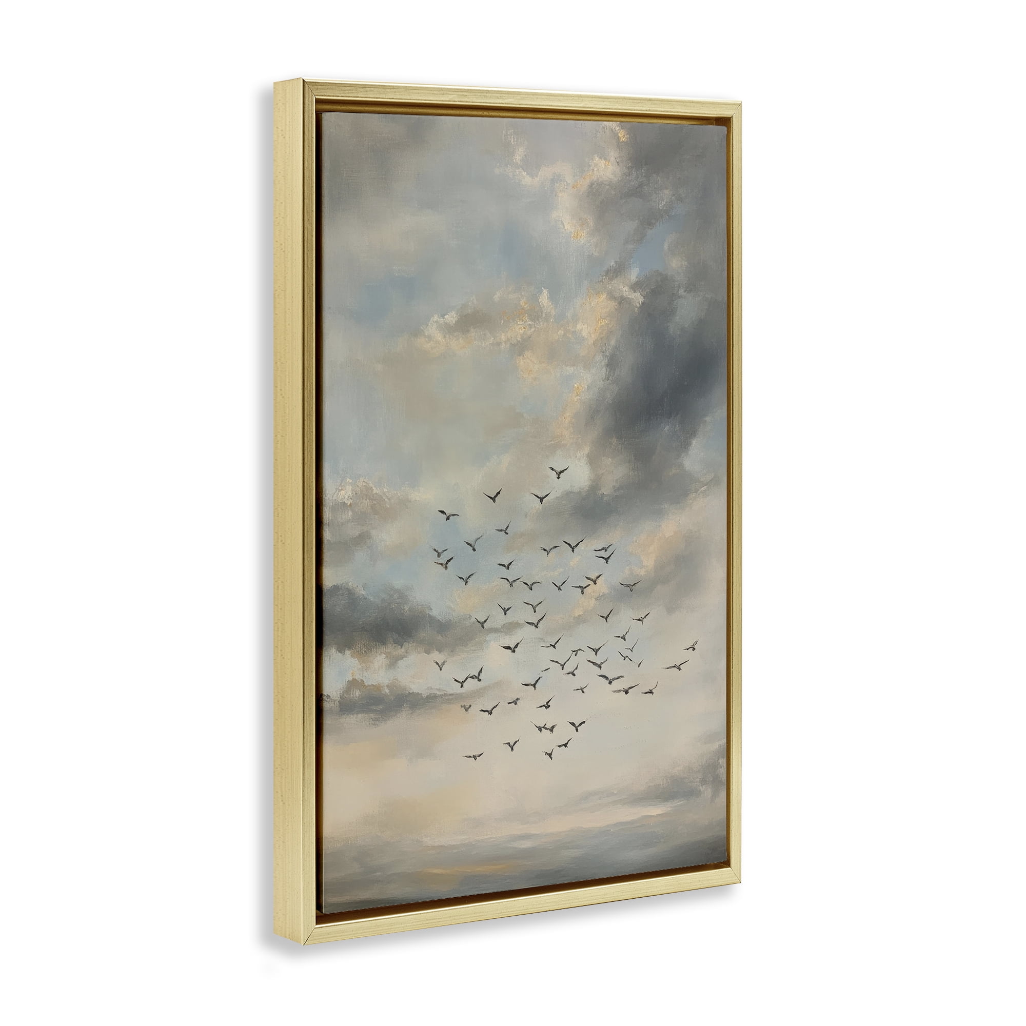 Stupell Industries Birds in the Clouds at Dusk Gold Framed Floater Canvas Wall Art, design by Petal Prints Design