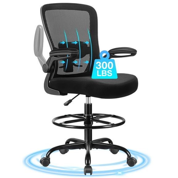 COOLHUT Home Office Chair with Flip-up Armrests for Standing Desk, Ergonomic Computer Office Desk Chair with Adjustable Foot Ring, Office Desk Chairs with Adjustab Lumbar Support for Workplanc, Black