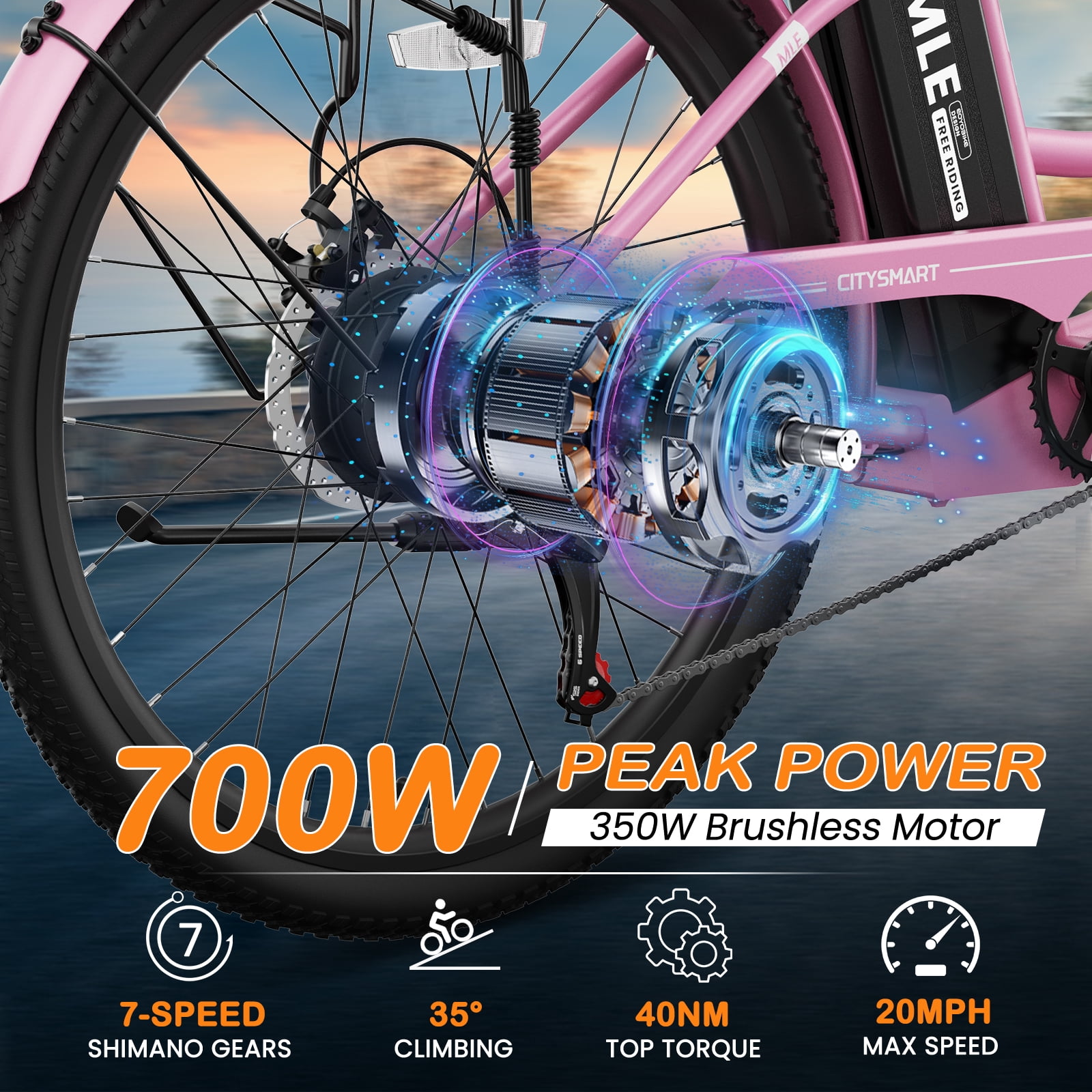MOONCOOL Electric Bicycle for Adults 350W , 7-Speed Ebike with 36V 10.4Ah Removable Battery， 40 Miles Range , 20 mph Electric Commuter Bike for Women Men