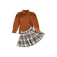 thumbnail image 2 of 3PCS Toddler Girl Skirt Sets Turtleneck Long Sleeve Knit Sweater A Line Mini Flannel Plaid Skirt Fall Winter Outfits (Brown, 12-18 Months), 2 of 7