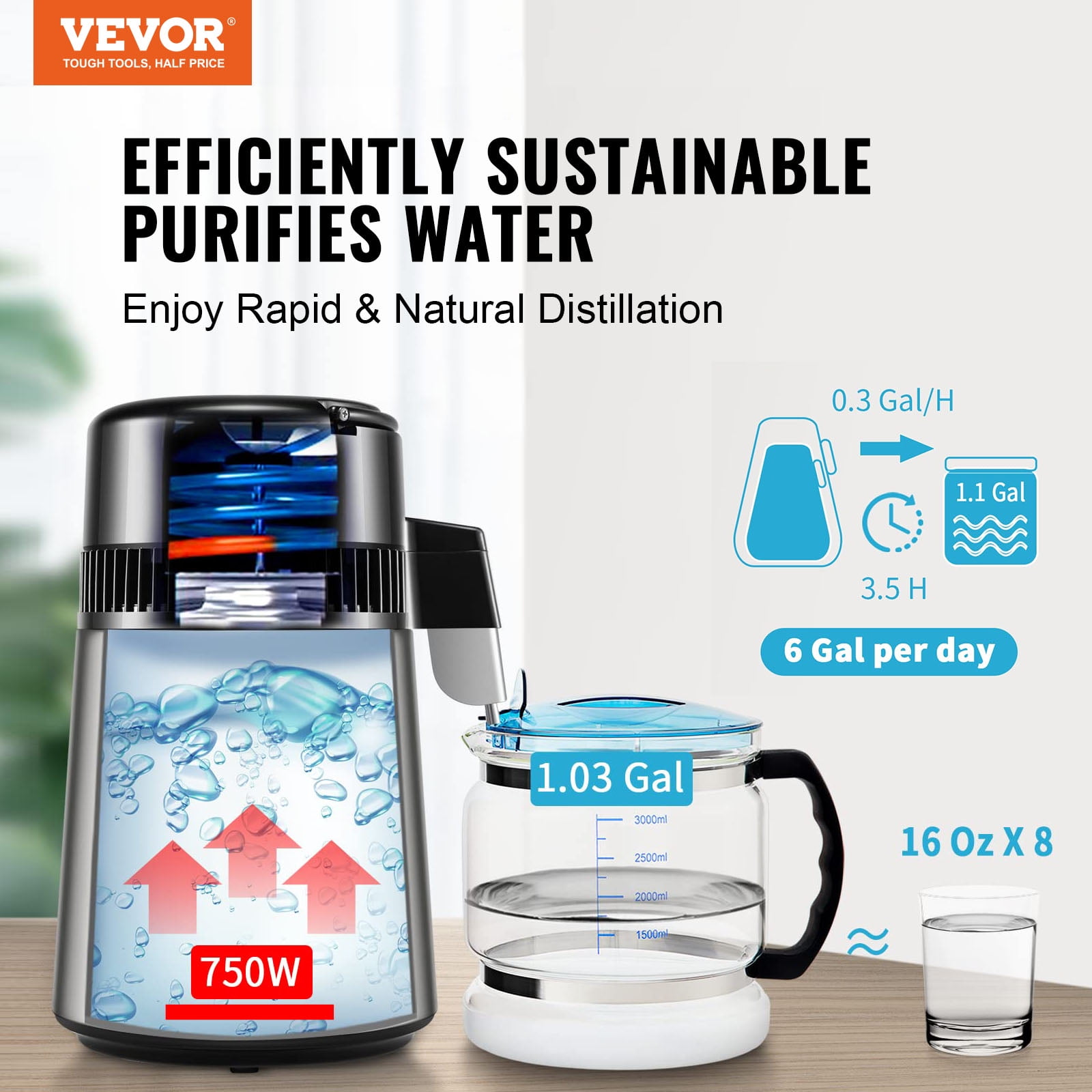 VEVOR 4L 750W Water Distiller with Dual Temperature Displays, Silver