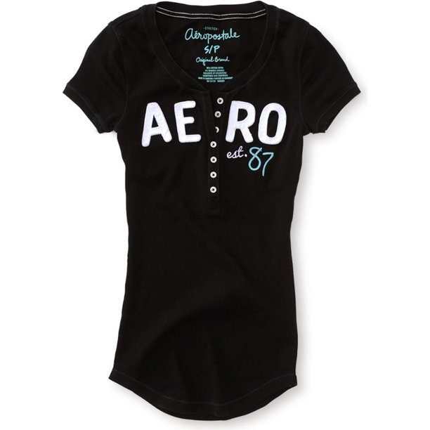 Aeropostale - Camiseta henley con manga adornada para mujer, color negro, talla XS