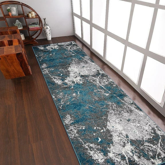 RUGSOTIC CARPETS MACHINE MADE HEATSET POLYPROPYLENE AREA RUGS - 3'2''x10', Runner Shape, Silver Ivory Color, Abstract Modern Design, High Pile Machine Made Area Rugs for Living Room, Bed Room (M00028)