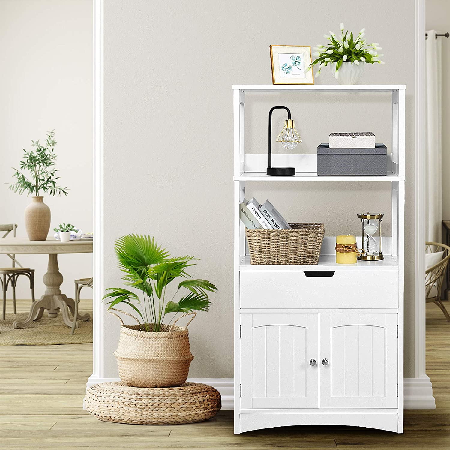Giantex Large Bathroom Floor Cabinet Freestanding Multipurpose Storage Cabinet with Drawer 2 Open Shelves and Door Cupboard for Bathroom Living Room 24 x 13 x 48 inches (White)