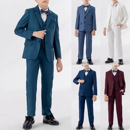 Pandaie Boy Formal Suits Set Slim Fit 5 Piece Outfits for Teen Boy Blazer Vest Pant Suit Tuxedo Set with Tie Blue 13-14 Years