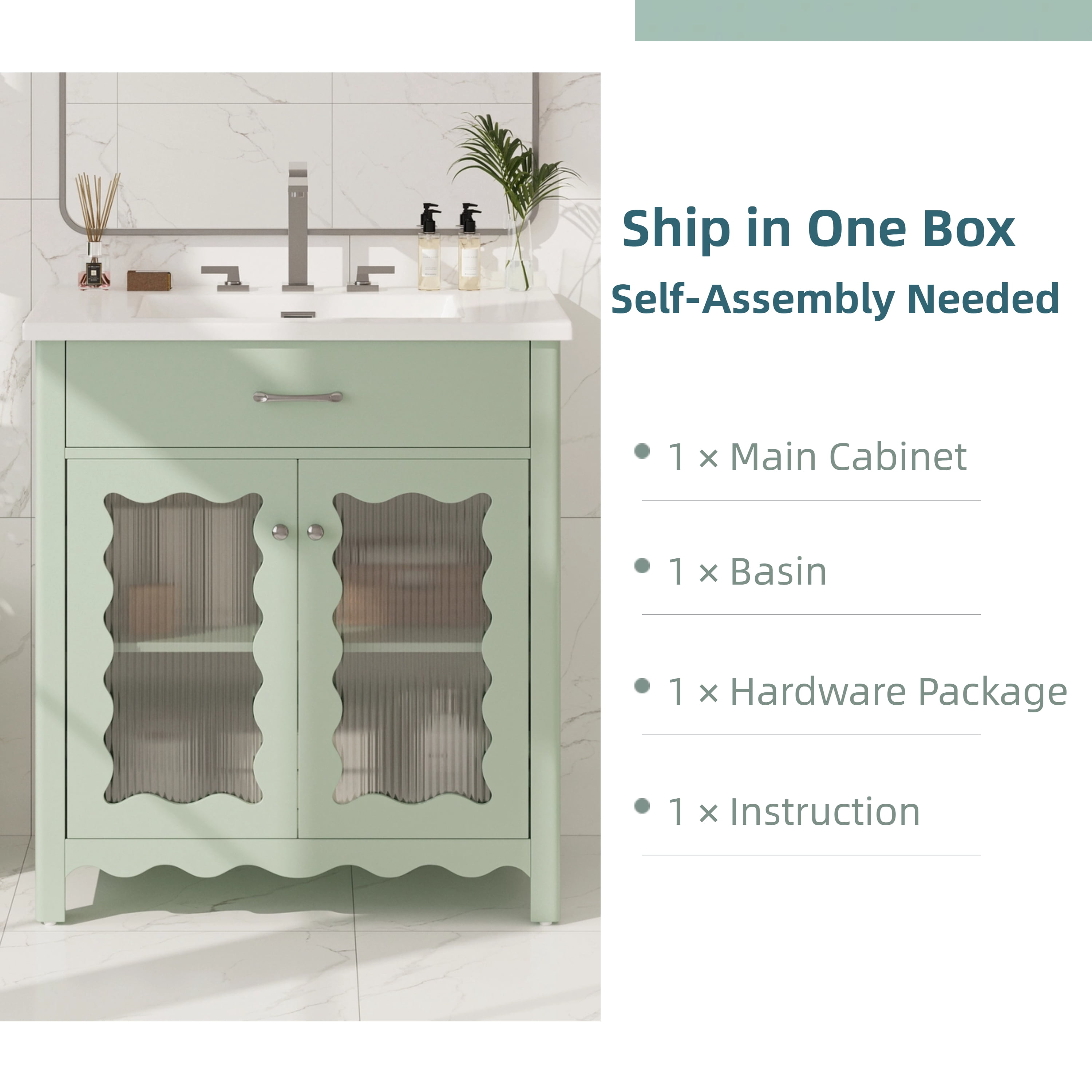 GARITIN Bathroom Vanity 31 Inch, Modern Bathroom Cabinet with Tempered Glass Doors and Rubber Wood Legs for Small Bathroom, Green