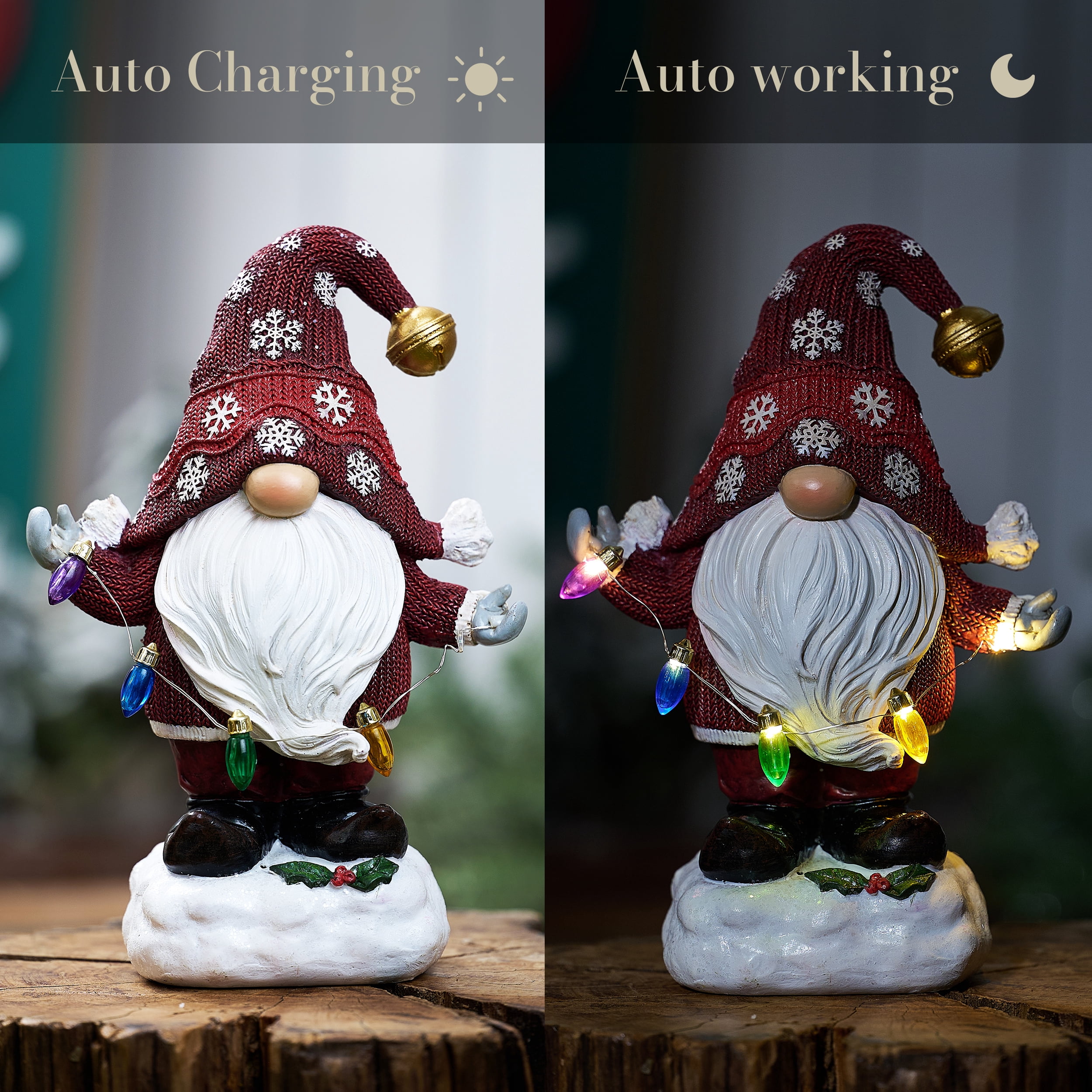 Teresa's Collections 8.86'' Gnome Garden Statue, Solar Gnome Garden Statue Christmas Decor with Snowflake Hat Solar Lights for Yard Patio Garden Decor