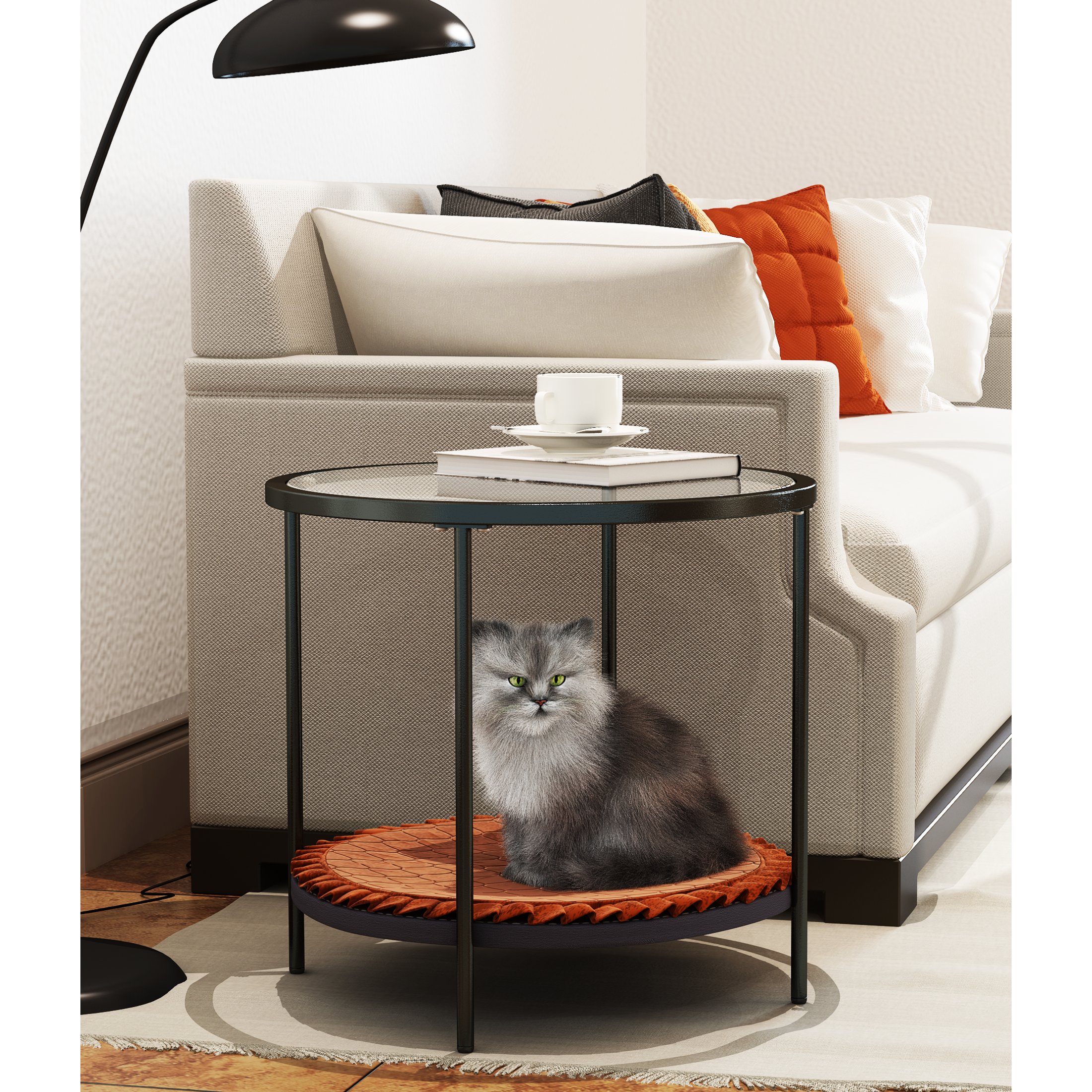 coffee table share with pets（Provide pet mat）, Net cloth tempered glass