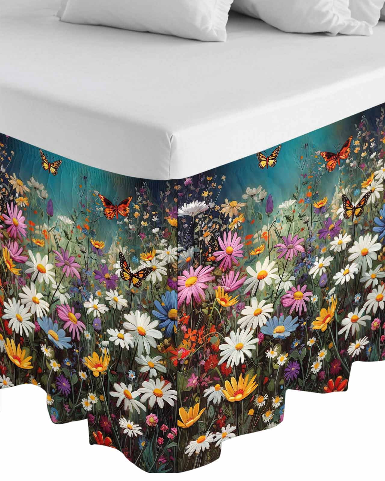 Spring Floral Bed Skirt Queen Size, Colorful Daisy Summer Botanical Butterfly Wrap Around Bed Skirting with Adjustable Elastic Strap, Dust Ruffle Pleated Bedskirts 16 Inch Drop for Bedroom Queen Beds