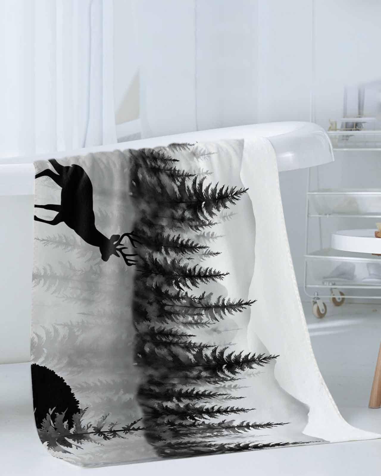 Deer Forest Bath Towels for Bathroom Set,Luxury Microfiber Towels Gifts for Women,Beach Kitchen Hand Hair Face Towel and Dish Washcloth,Retro Country Trees Mountain Nature Scenery Towels+Set